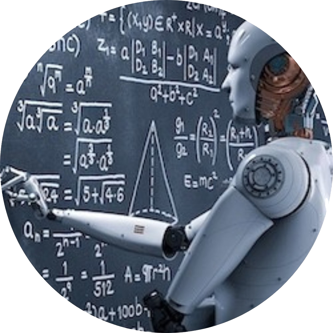 A robot solving a math problem on a chalkboard.