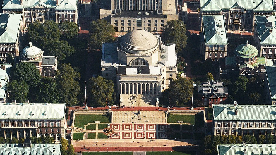 An aerial view of Columbia University's Morningside Heights campus with Low library at its center