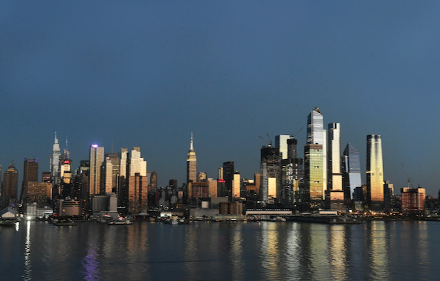 The Lower Manhattan skyline along the Hudson River.